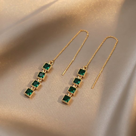 đ 18K Yellow Gold Plating Emerald Dangle Earrings For Women, HA4520 - Picture 5 of 6
